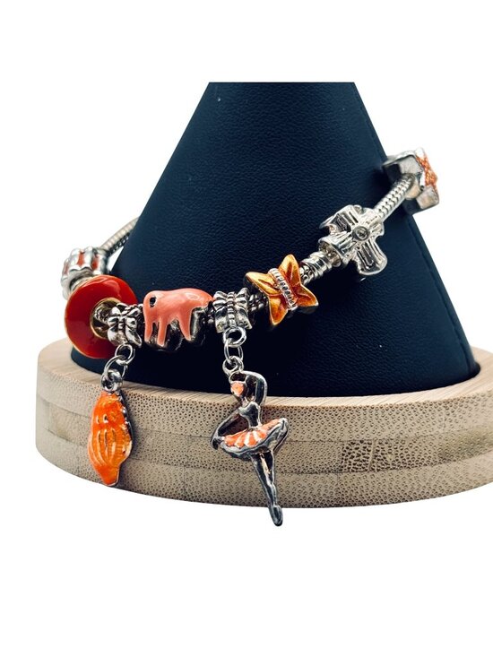 Vintage Jewelry - Slider Charm Bracelet Silver Tone Snake Chain Orange Tropical Beach Ballerina